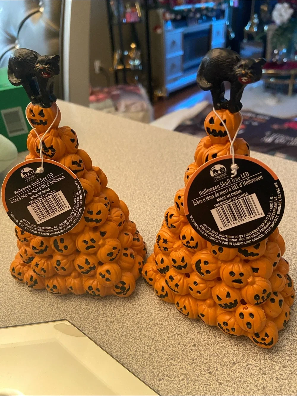 Stacked Jack-o'-Lantern LED Pyramid with Black Cat Top light up